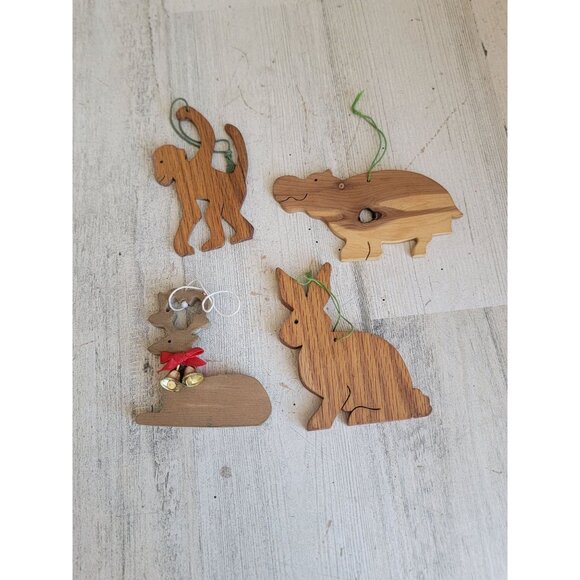 Wooden hippo reindeer monkey rabbit ornament Xmas set - Picture 1 of 10